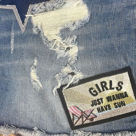 Express High Waist Cut Off Jean Shorts with Patches 6 - Picture 11 of 11